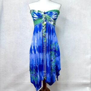 Krista Lee Strapless Dress Womens XS Blue Green Tie Dye Excellent Beaded Boho